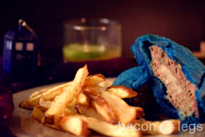 TARDIS-blue pastry wrapped around a bacon-covered burger